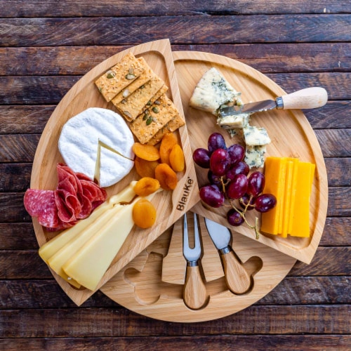 Bamboo Cheese Board and Knife Set - 14 Inch Swiveling Charcuterie Board with Slide-Out Drawer Perspective: left