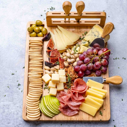 Bamboo Cheese Board and Knife Set - 14x11 inch Charcuterie Board with 4 Cheese Knives Perspective: left