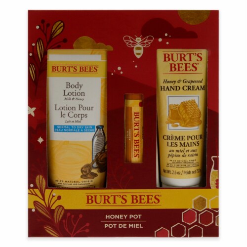 Burt's Bees Honey Pot Lip Balm Body Lotion and Hand Cream Holiday Gift Set Perspective: left
