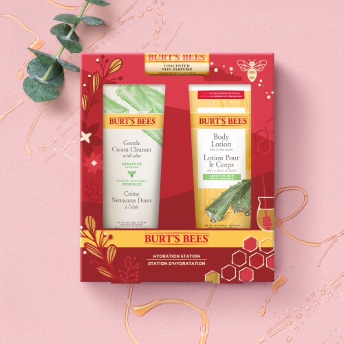 Burt's Bees Hydration Station Lip Balm Gentle Cream Cleanser Healing Body Lotion Holiday Gift Set Perspective: left