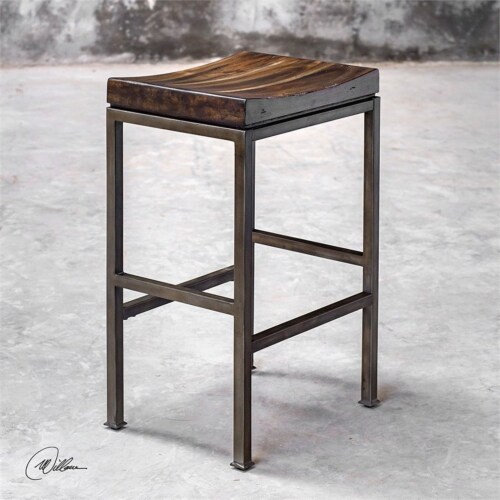 Uttermost Beck 30 Metal and Wood Bar Stool in Dark Walnut and Brushed Steel Perspective: left
