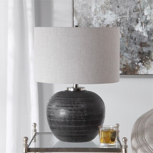 Uttermost Mikkel Farmhouse Ceramic Steel and Fabric Table Lamp in Charcoal Perspective: left