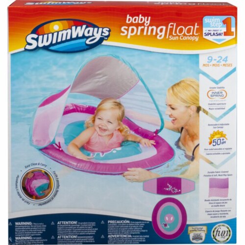 SwimWays Baby Spring Inflatable Round Pool Float w/ Protective Canopy, Pink Fish Perspective: left