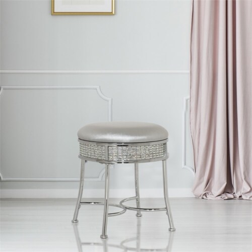 Hillsdale Venice Diamond Band Fabric Upholstered Backless Vanity Stool in Chrome Perspective: left
