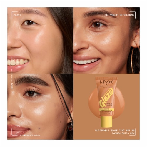 NYX Professional Makeup Buttermelt Glaze Soft Glow Skin Tint with SPF 30 03 Cashew Butta Perspective: left