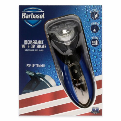 Barbasol Men's Rechargeable Dry Rotary Shaver with Pop-up Trimmer (CBR1-1002-BLY) Perspective: left