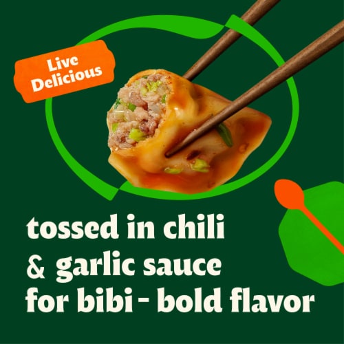Bibigo Frozen Vegetable & Pork Spicy Sauced Dumplings Perspective: left