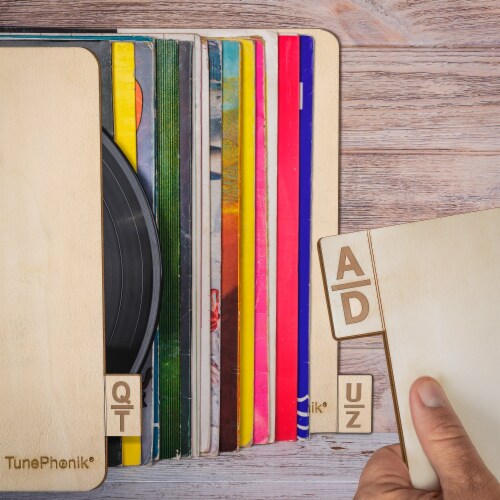 TunePhonik Dual Sided Wooden Record Dividers | Alphabetical Holders | 7”-12” LP Perspective: left