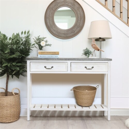 LuxenHome Distressed White Wood and Metal Console and Entryway Table Perspective: left