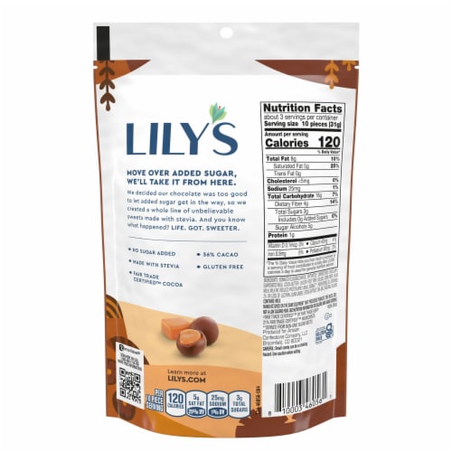 LILY'S Milk Chocolate Style No Sugar Added Covered Caramels Bag Perspective: left