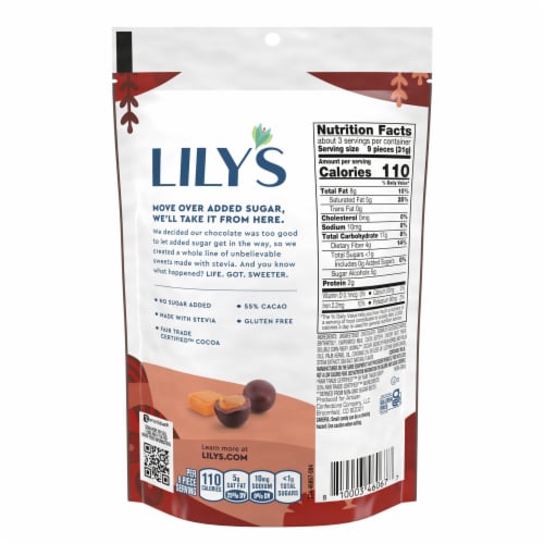 LILY'S Dark Chocolate Style No Sugar Added Covered Caramels Bag Perspective: left