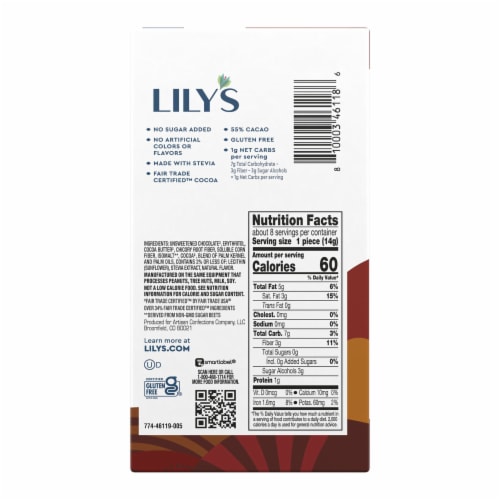 LILY'S Dark Chocolate Style No Sugar Added Baking Bar Perspective: left