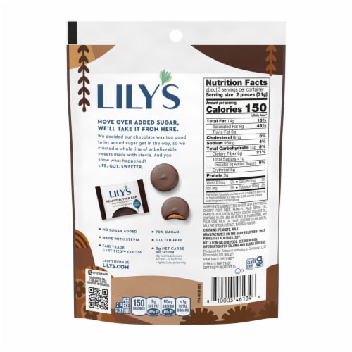 LILY'S Dark Chocolate Style No Sugar Added Peanut Butter Cups Sweets Bag Perspective: left
