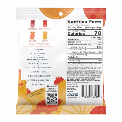 LILY'S Assorted Flavored No Sugar Added Gummy Bears Bag Perspective: left