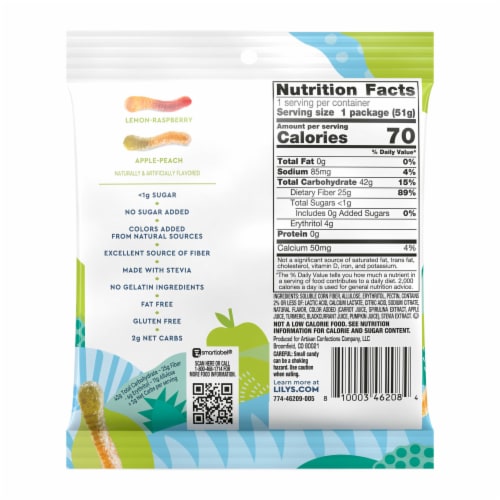LILY'S Assorted Fruit Flavored No Sugar Added Sour Gummy Worms Bag Perspective: left