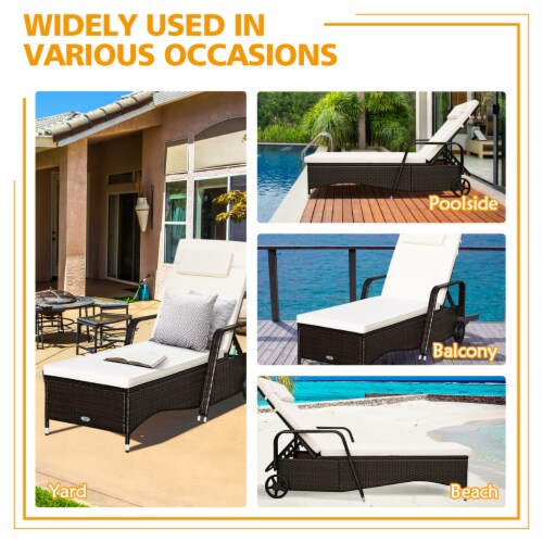 Cushioned Outdoor Wicker Chaise Lounge Chair w Wheel Adjustable
