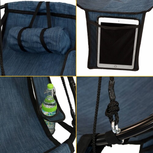 Hanging Hammock Camping Chair Swing w/Armrest - Drink Holder and Footrest - Blue Perspective: left