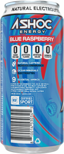 ASHOC Accelerator Blue Raspberry Energy Drink Can Perspective: left