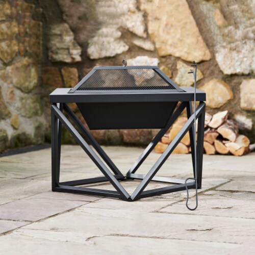 Peaktop Outdoor 24 Wood Burning Fire Pit with Tabletop and Decorative Geometric Base, Black Perspective: left