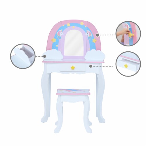 Teamson Kids Little Dreamer Rainbow Unicorn Vanity Table Set w/ Mirror ...