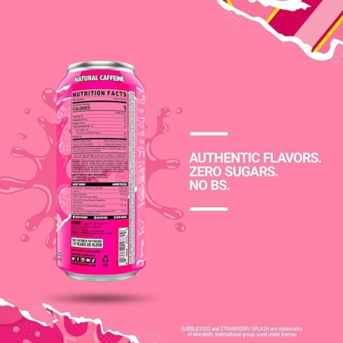 Ghost Zero Sugar Bubblicious Strawberry Splash Energy Drink Can Perspective: left