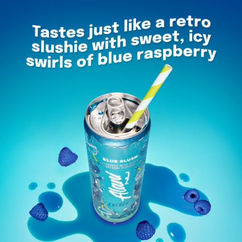 Alani Nu Blue Slush Energy Drink Can Perspective: left