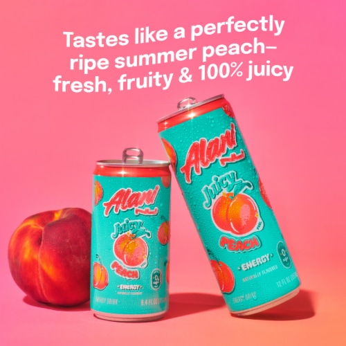 Alani Nu Mini Juicy Peach Sugar Free Energy Drink Can Perspective: left