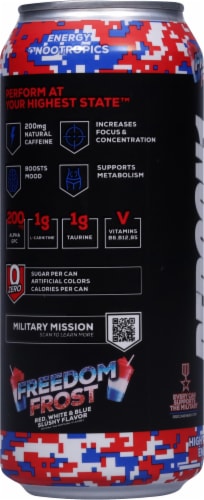 Redcon1 Zero Sugar High Performance Freedom Frost Energy Drink Can Perspective: left