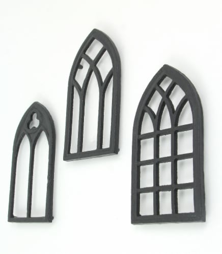 Set of 3 Black Cast Iron Gothic Cathedral Window Design Kitchen Trivets Perspective: left