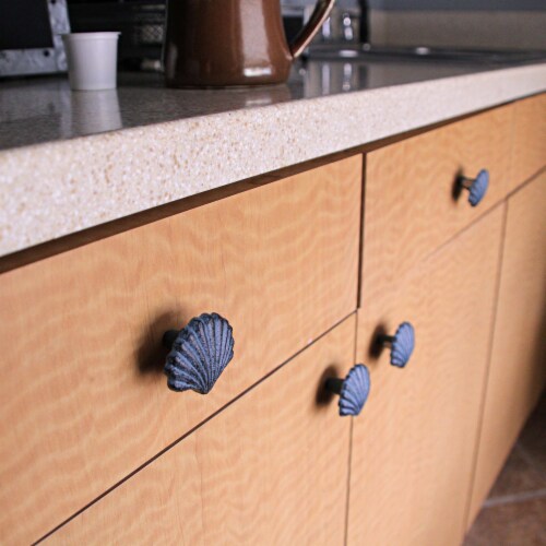 Set of 6 Blue Cast Iron Scallop Sea Shell Drawer Pulls Nautical Cabinet Knobs - Light Blue Perspective: left