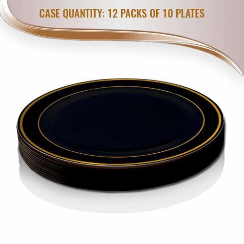7.5  Black with Gold Edge Rim Plastic Appetizer/Salad Plates (120 Plates) Perspective: left