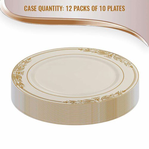 7.5  Ivory with Gold Harmony Rim Plastic Appetizer/Salad Plates (120 plates) Perspective: left