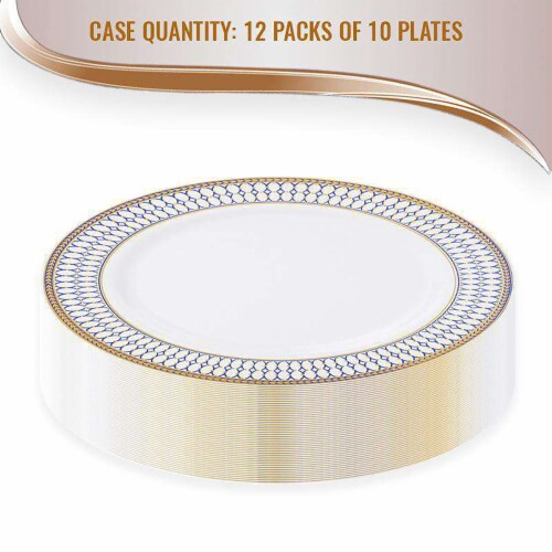 7.5  White with Blue and Gold Chord Rim Plastic Appetizer/Salad Plates (120 Plates) Perspective: left