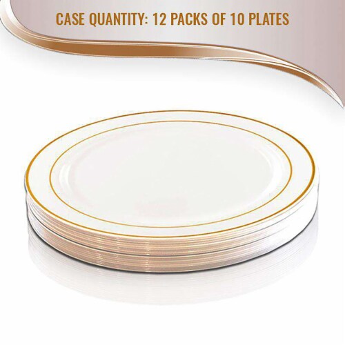 10.25  White with Gold Edge Rim Plastic Dinner Plates (120 Plates) Perspective: left