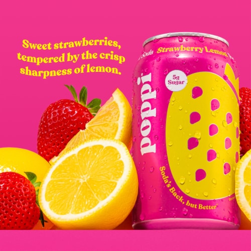 Poppi Strawberry Lemon Prebiotic Soda Cans Perspective: left