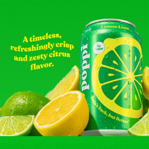 Poppi Lemon Lime Prebiotic Soda Cans Perspective: left
