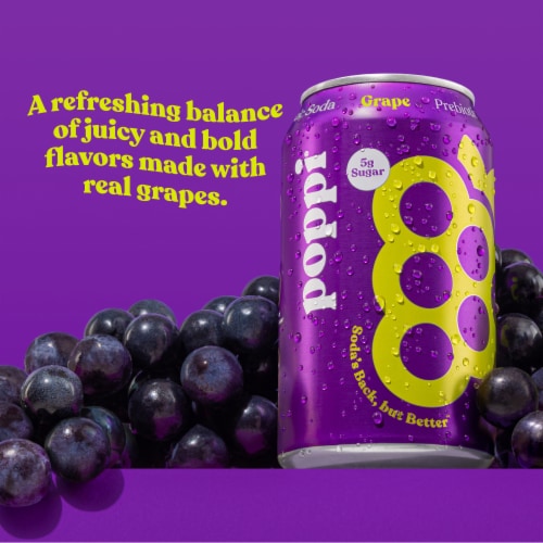 Poppi Grape Prebiotic Soda Cans Perspective: left