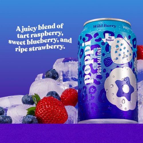 Poppi Wild Berry Post Malone Exclusive Prebiotic Soda Can Perspective: left