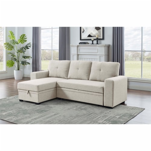Oadeer Home 88.5  Pull-out Bed Sofa & Chaise in Beige Perspective: left