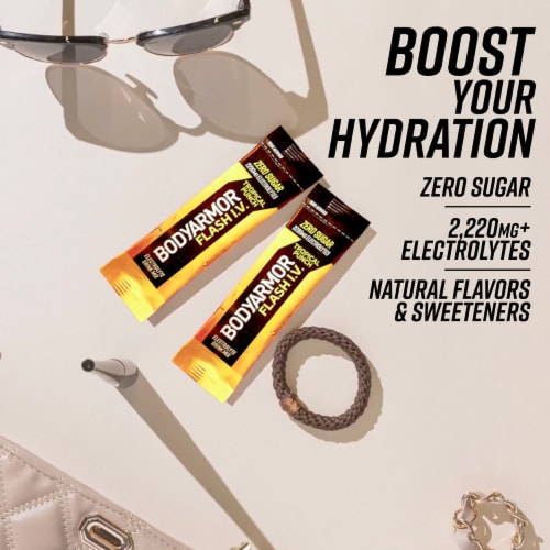 BodyArmor Flash IV Zero Sugar Electrolyte Tropical Punch Drink Mix Packets Perspective: left