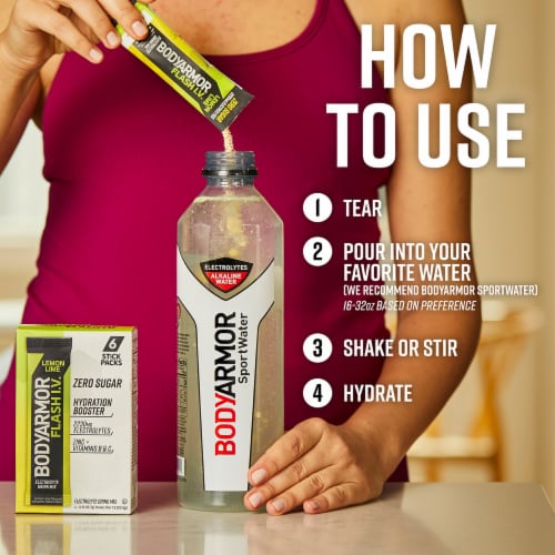 BodyArmor Flash IV Zero Sugar Electrolyte Lemon Lime Drink Mix Packets Perspective: left