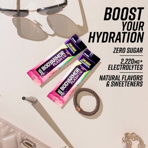 BodyArmor Flash IV Zero Sugar Electrolyte Strawberry Kiwi Drink Mix Packets Perspective: left