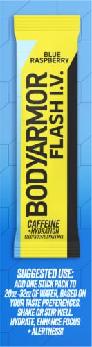 BODYARMOR Flash IV Blue Raspberry Caffeinated Zero Sugar Drink Mix Packets Perspective: left