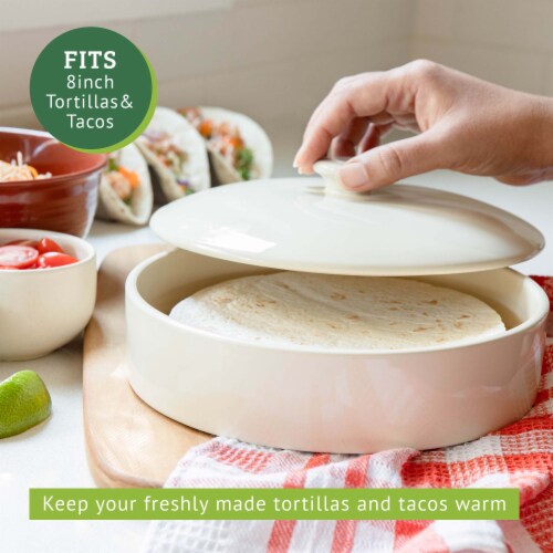 Chef Tacos Ceramic Tortilla Warmer, 8", Cream, Tortilla Holder Container Perspective: left