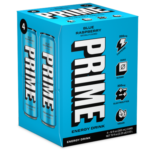 Prime Blue Raspberry Zero Sugar Energy Drink Cans Perspective: left