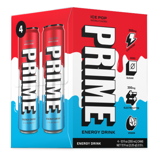 Prime Ice Pop Zero Sugar Energy Drink Cans Perspective: left