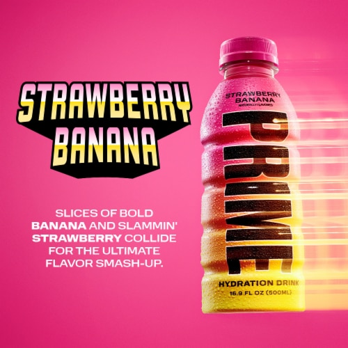 Prime Hydration Strawberry Banana Sports Drink Bottles Perspective: left