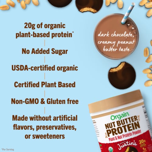 Orgain X JUSTIN’S® Organic Plant & Nut Butter 20g Vegan Protein Powder, Dark Chocolate Peanut Butter Perspective: left