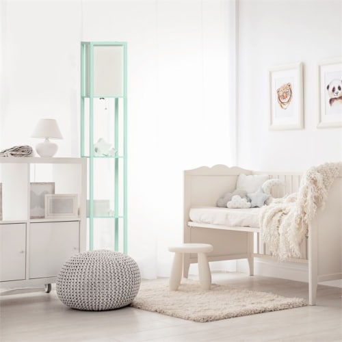 Simple Designs Wood Etagere Shelving Floor Lamp in Aqua Blue with Cream Shade Perspective: left