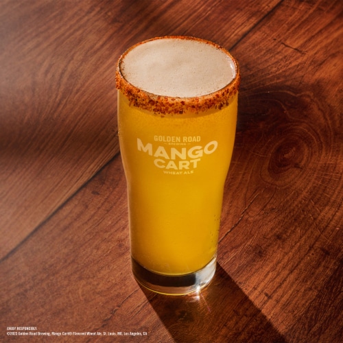 Golden Road Mango Cart Craft Wheat Ale Beer Perspective: left